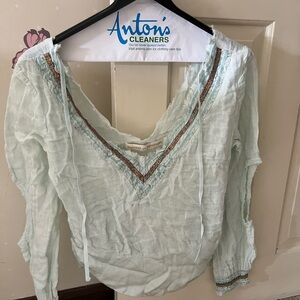Light Green V-Neck Blouse with Embroidered Details